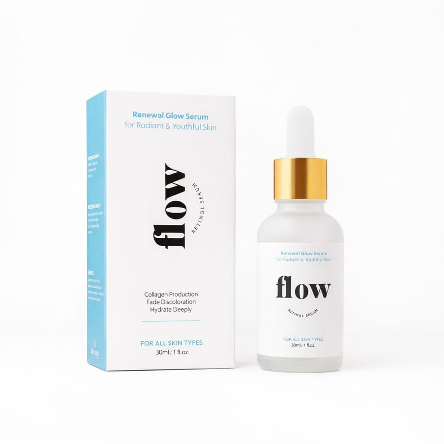 Flow Renewal Glow retinol serum 30ml bottle for texture and fine lines