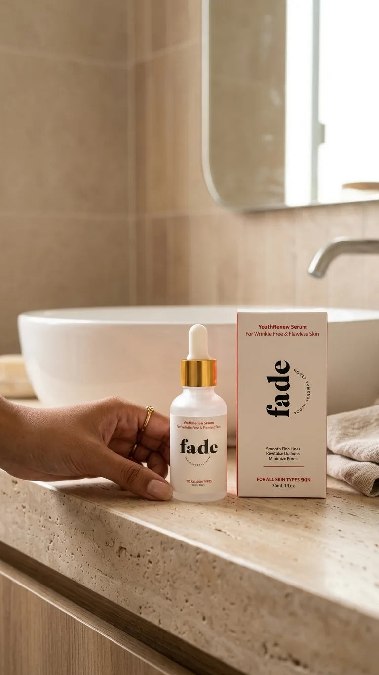 Fade Youth Renew Serum on a bathroom counter
